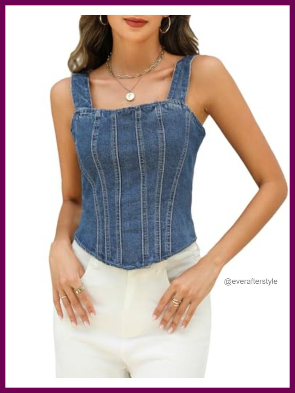 Denim Corset Top Square Neck Sleeveless Back Tie Cropped Women's Tank